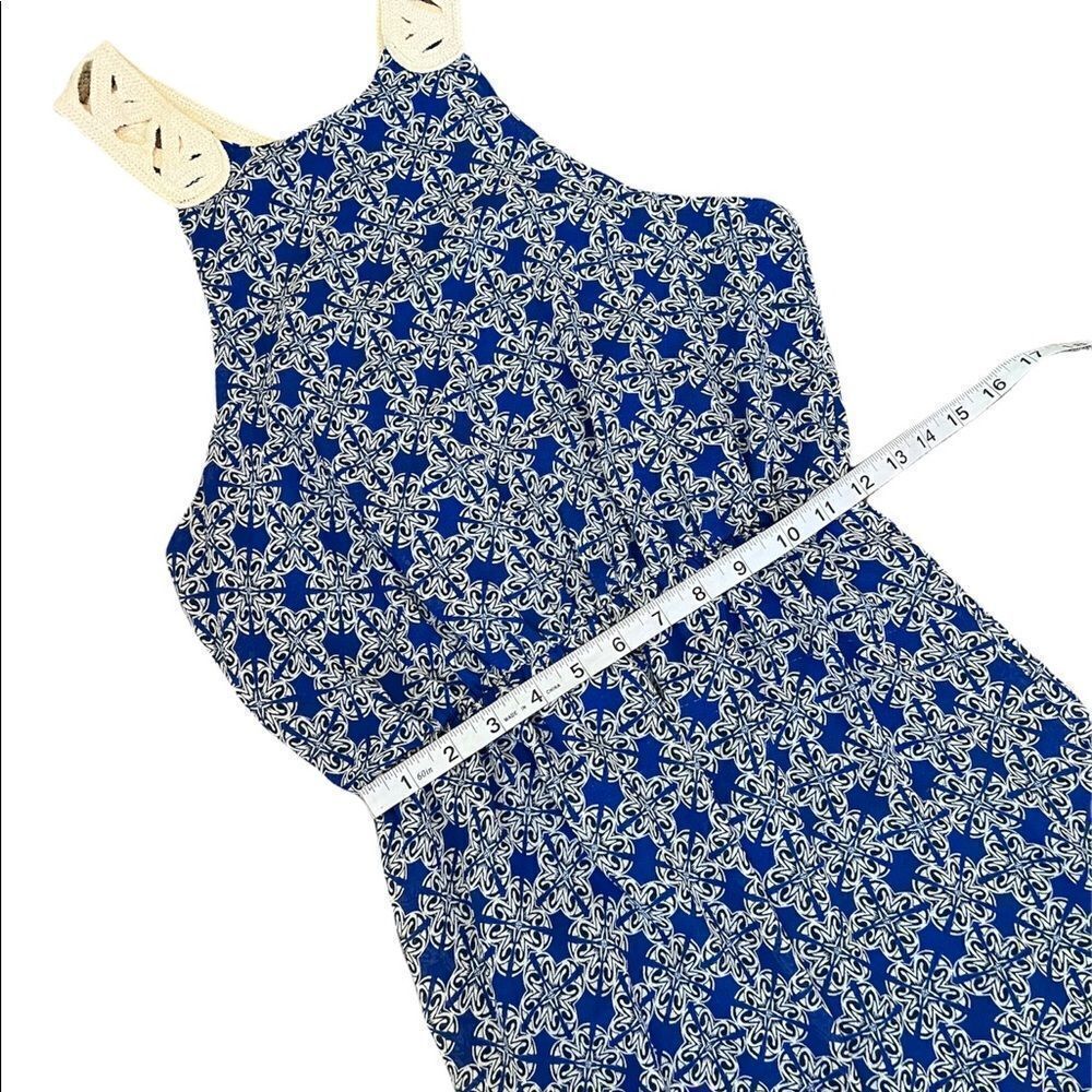 Blue Patterned Crochet Back Gathered Waist Long Dress M - Picture 7 of 11